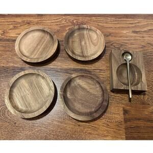 Hand-Carved 4.5 inch Wooden Snack Plates (4) & Wooden Salt Cellar with Spoon